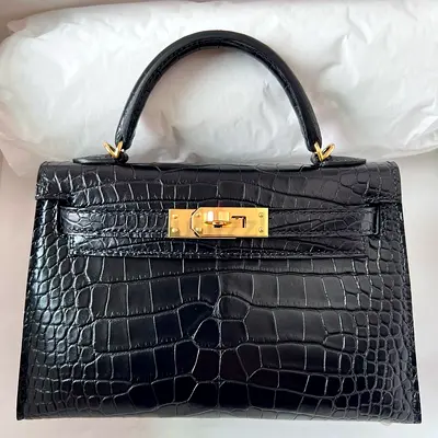 Hermes Kelly Mini II Sellier Bag in Black Matte Alligator Leather