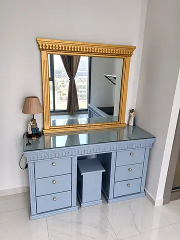 Elegant Grey Vanity Dressing Table with Gold Mirror & Stool