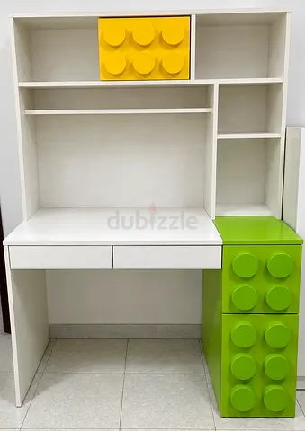 White Kids Study Desk with Green Drawer Tower (Lego-style)