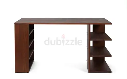 Solid Wood Office Desk with Built-in Shelves - Dark Brown