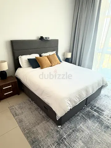 Grey upholstered double bed with storage and headboard + BODIFORM GEL EURO TOP MATTRESS