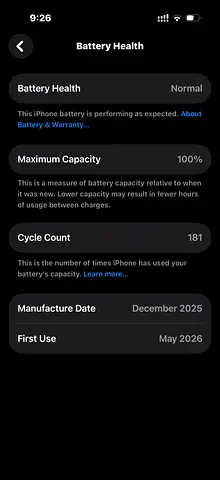 iPhone with 100% Battery Health, 181 Cycles (Good Condition)