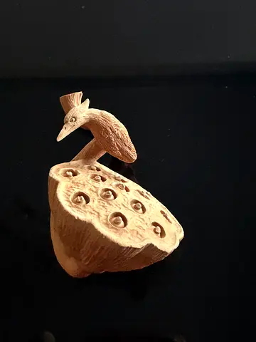Hand Carved Wood Bird on Lotus Seed Pod Figurine - Handcrafted Collectible