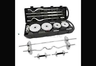 YALLA 55kg Chrome Dumbbell & Barbell Set – Straight/Curl Bars & Case