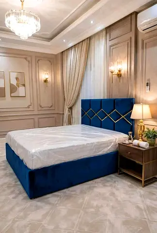 Blue Velvet King Bed Frame with Geometric Headboard - and medical Mattress