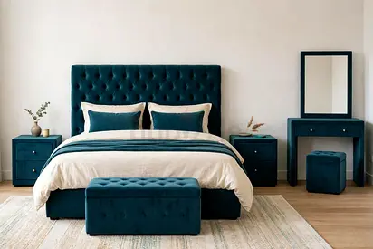 Teal Upholstered King Bed with Nightstands and Dressing Table - Complete Bedroom Set