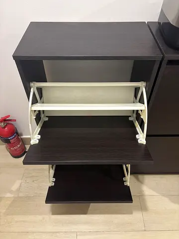 Dark wood shoe rack cabinet with fold-out shelves - good condition
