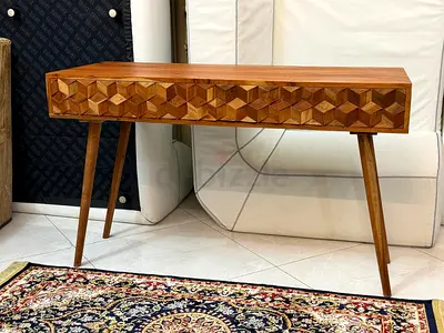 Solid Wood Console Table with Geometric Carved Front
