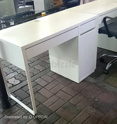 White modern desk with drawer and pedestal storage — good condition