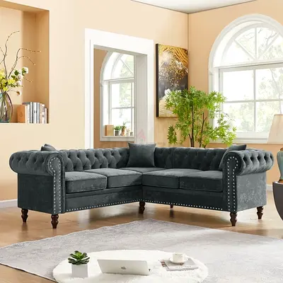 Gray Velvet Chesterfield L-Shaped Corner Sofa — Good Condition