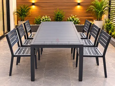 Outdoor 6-Seater Metal Dining Table Set - Modern Grey