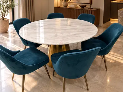 Table with marble top and 6 West Elm Chairs