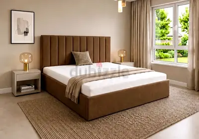 Queen size upholstered bed frame with headboard - brown