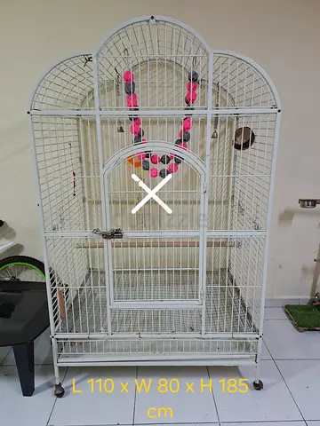 Large White Metal Bird Cage with Stand and Accessories - 110x80x185 cm
