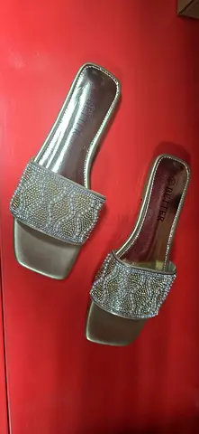 Gold beaded flat slip-on sandals, size EU 36,37,38,39 available