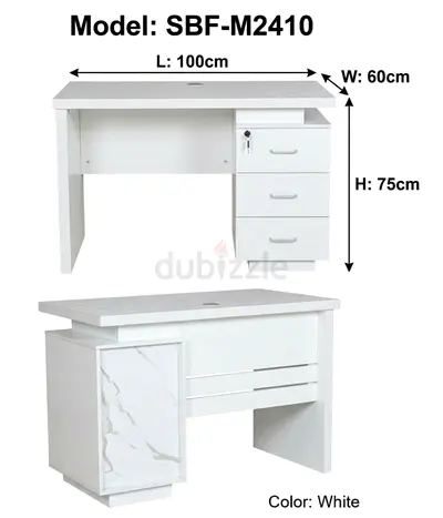 White Office Desk with 3 Drawers and Lock (100x60x75 cm) - Marble Accent