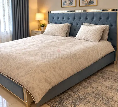 Upholstered king-size bed frame with tufted headboard - grey-blue