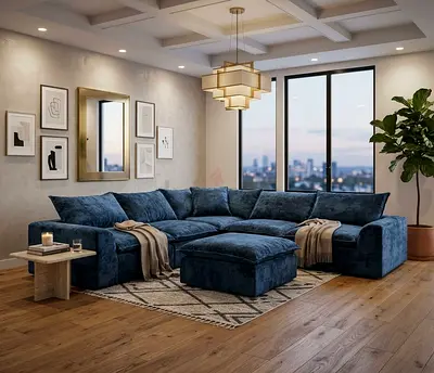 Classic Wingback Sofa Set in Blue Fabric. 5 Seats + 1 Stool.