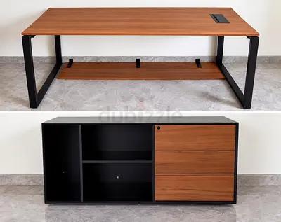 Modern Wood and Black Metal Office Desk with Matching Storage Cabinet