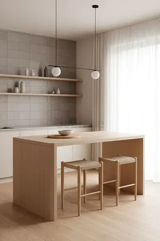 Minimalist wooden kitchen island with two stools