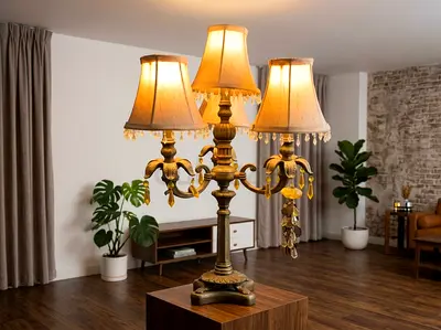 Vintage Hollywood Regency 4-Light Candelabra Table Lamp with Amber Crystal Droplets (80 cm H)