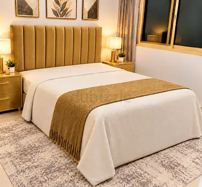Beige upholstered queen bed with tall channel-tufted headboard storage bed- luxury Queen size bed