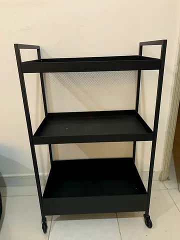 Black metal utility trolley with wheels - 3-tier storage shelf