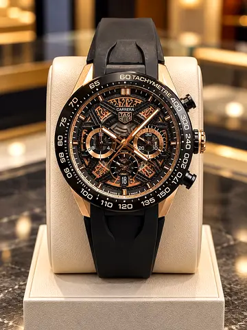TAG Heuer Carrera Chronograph Men's Watch - Rose Gold Case, Black Rubber Strap All OVER UAE COD