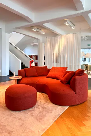 Curved Red Fabric Sofa with Ottoman - Modern Designer Piece