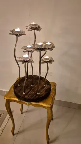 Metal Lotus Tealight Candle Holder on Wooden Base