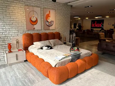 Modern Orange Upholstered Platform Bed with Padded Headboard (Display Model)