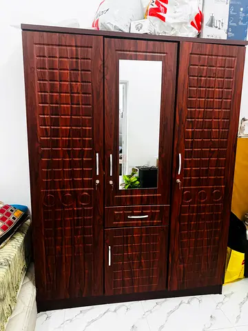 3-Door Wardrobe with Mirror - Dark Wood Finish, Good Condition