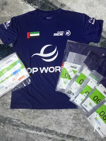 DP World Dubai Ride branded running T-shirt — multiple sizes, new