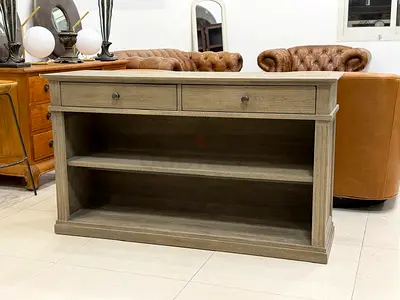 pottery barn Solid Wood Console Table with Open Shelves and 2 Drawers