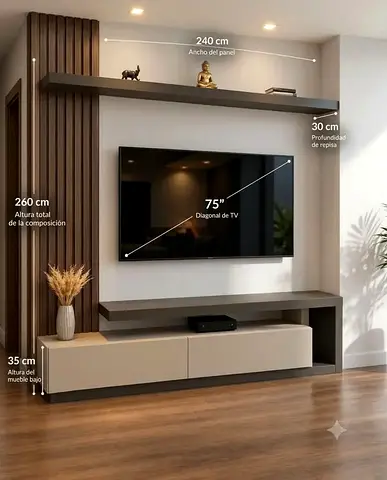 Modern wall-mounted entertainment unit with shelving