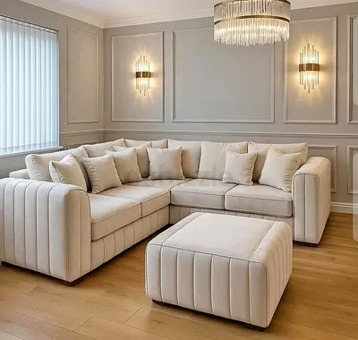 Beige L-shaped Upholstered Corner Sofa with Ottoman