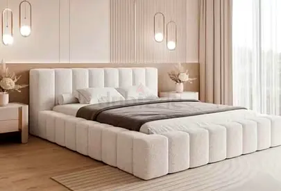 Modern Low-Profile Upholstered King Bed with Padded Headboard (Ivory)