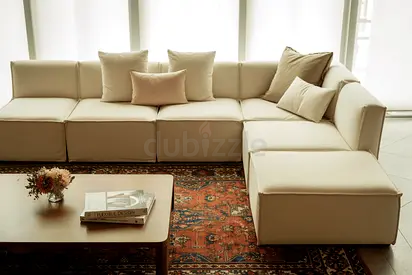Beige L-shaped Modular Sofa with Cushions -