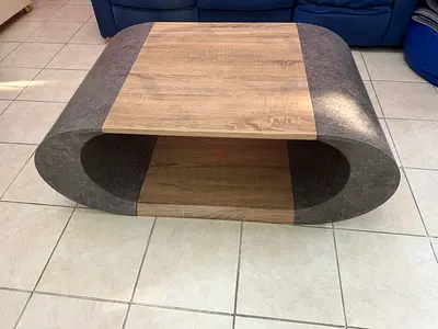 Oval modern coffee table with storage - solid wood & stone finish, heavy material