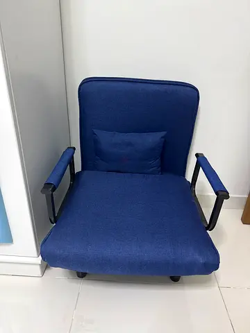 Blue fabric Sofa Cum Bed with cushion — good condition