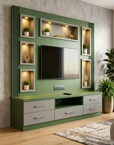 Modern green TV entertainment unit