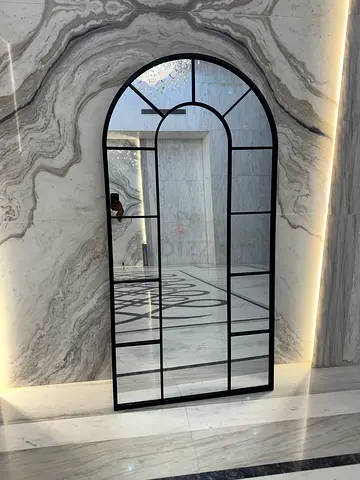 Large Decorative Arched Wall Mirror with Black Metal Frame