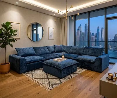 . Blue Fabric Wingback Sofa Set, 5 Seater + 1 Stool. Total 6 Pieces