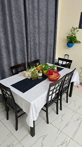 6-seater wooden dining table with chairs (dark wood)