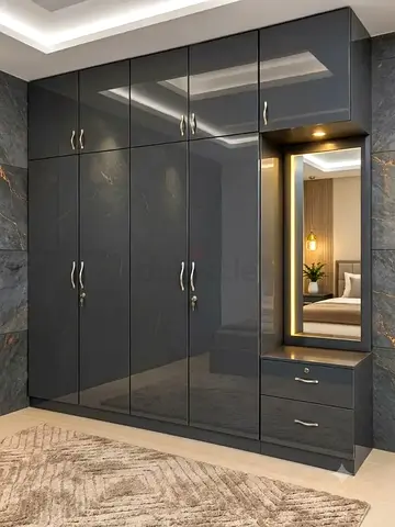 Glossy Dark Grey 6-Door Wardrobe with Drawers