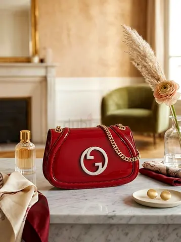 Gucci Red GG Logo Shoulder Bag – Gold Chain Strap | Elegant Luxury Style