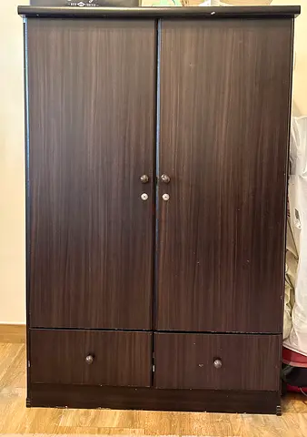 Dark brown 2-door wooden wardrobe with drawers - good condition