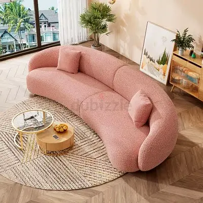 Curved Pink Bouclé 3-Seater Sofa — Modern Lounge Sofa