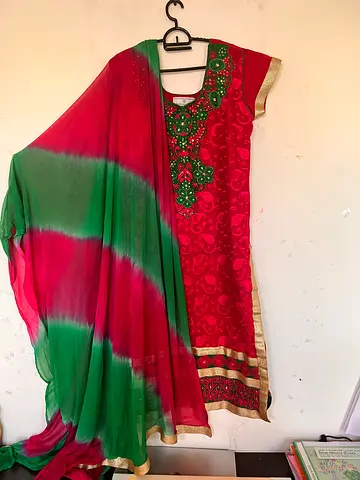 Red and green embroidered ethnic women's shawl / dupatta in good condition