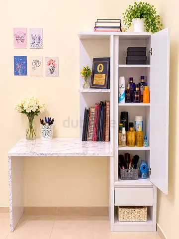 White Desk with Tall Storage Cabinet and Shelves — Compact Study Unit